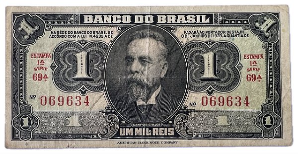 Cédula Antiga do Brasil 1 Mil Réis 1923