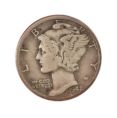 Moeda Antiga dos Estados Unidos One Dime 1942 - Mercury Dime