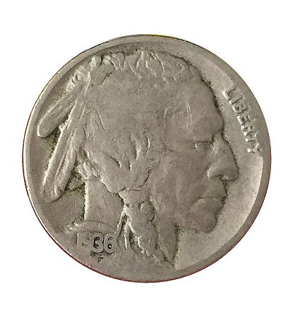 Moeda Antiga dos Estados Unidos Five Cents 1936 - Buffalo Nickel