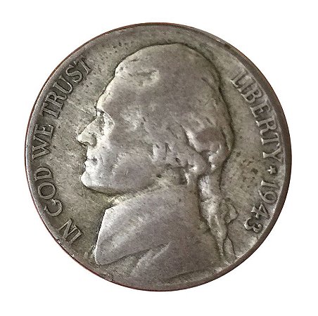 Moeda Antiga dos Estados Unidos Five Cents 1943 P - Jefferson Nickel