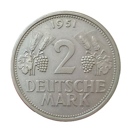 Moeda Antiga da Alemanha 2 Deutsche Mark 1951 F