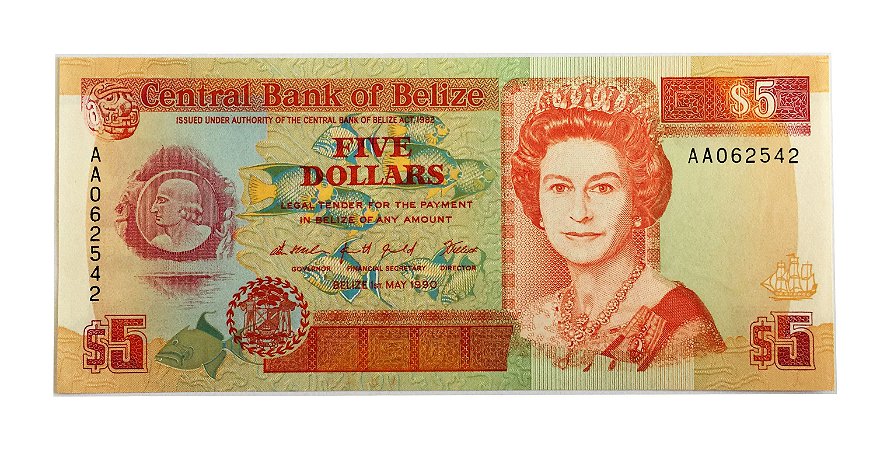 Cédula Antiga de Belize $5 1990