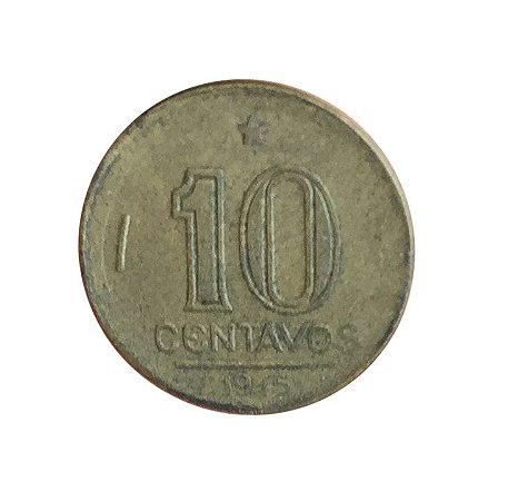 Moeda Antiga do Brasil 10 Centavos de Cruzeiro 1945 - Getúlio Vargas - Reverso Inclinado