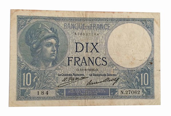 Cédula Antiga da França 10 Francs 1926