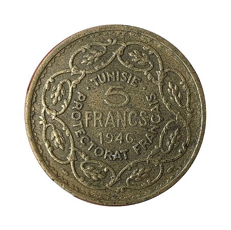 Moeda Antiga da Tunísia 5 Francs 1946 - Protetorado Francês