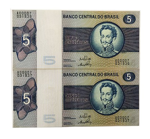 02 Cédulas Antigas do Brasil 5 Cruzeiros 1970 - D. Pedro I