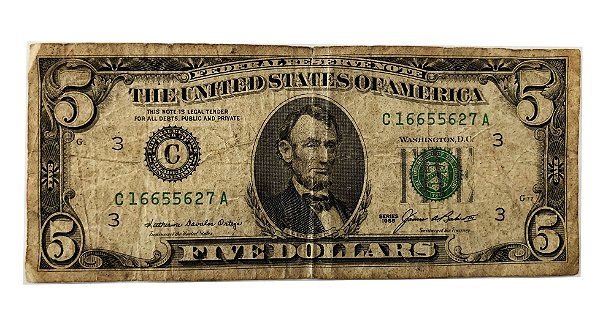 Cédula Antiga dos Estados Unidos $5 1985 - Lincoln