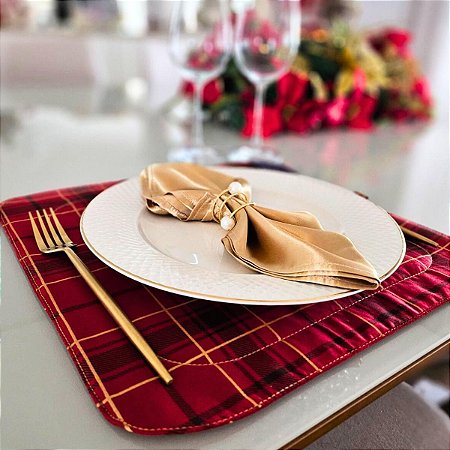 Kit 4 unid. Jogo Americano Vermelho Xadrez NATAL 34x34cm + Organizador 13274