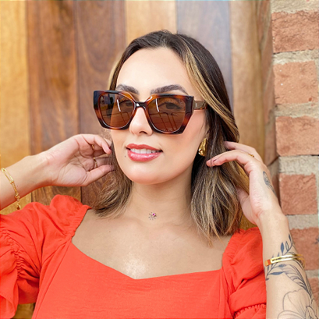 Óculos de sol feminino geométrico tartaruga Jaqueline