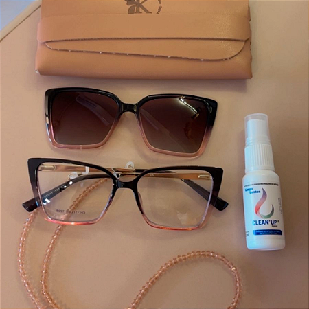 Kit Verão 🌴 – Clipon Rosania rose degrade + Cordão + Limpa lentes – por R$199,00