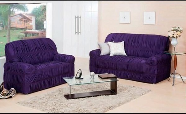 Kit Capa de Sofa 2 e 3 Lugares Padrão Elasticada Malha Gel Roxo