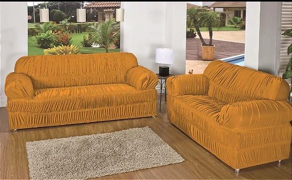 Kit Capa de Sofa 2 e 3 Lugares Padrão Elasticada Malha Gel Mostarda