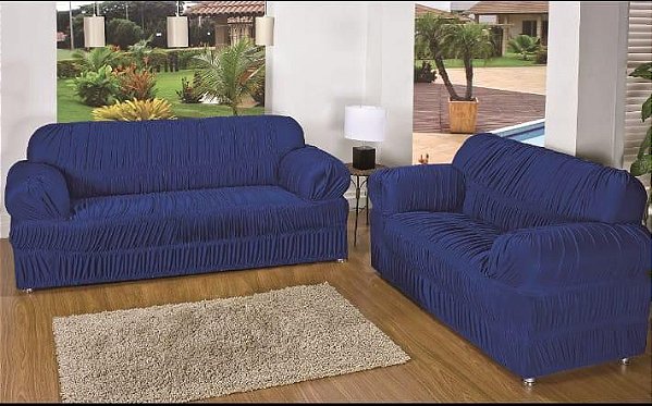 Kit Capa de Sofa 2 e 3 Lugares Padrão Elasticada Malha Gel Azul Escuro