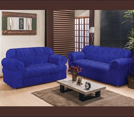 Kit Capa de Sofa 2 e 3 Lugares King Elasticada Malha Gel Azul