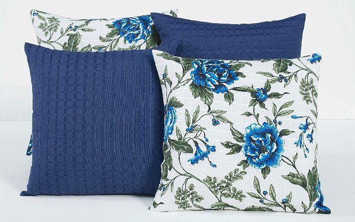 Kit com 4 Almofadas Decorativas Estampa Flores Azuis