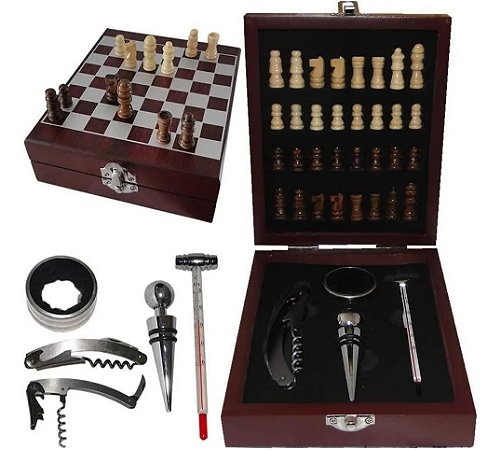 Case mini xadrez de madeira com kit vinho 17cm