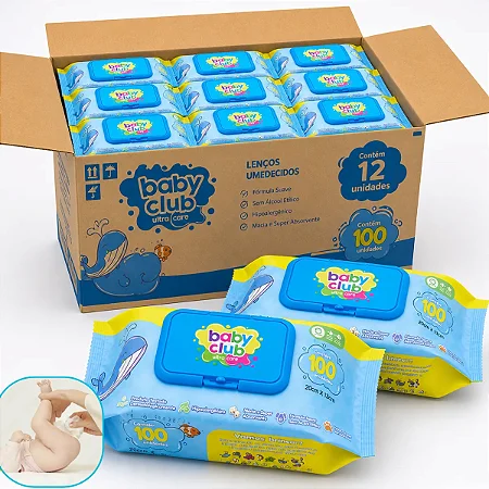 Kit 1200 Lenço Umedecido Baby Club Aloe Vera Caixa C/12 Pack