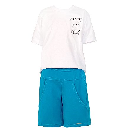 CONJUNTO BEBÊ BLUSA BRANCA E BERMUDA TURQUESA