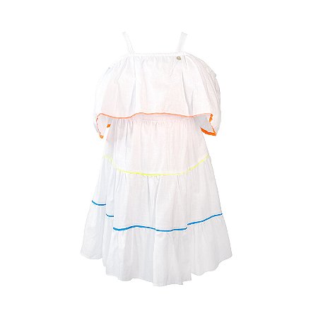 VESTIDO BRANCO COM DETALHE DE VIÉS COLORIDO