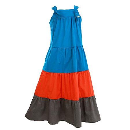 VESTIDO AZUL COM RECORTES COLORIDOS