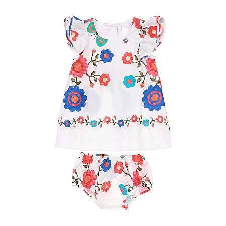 VESTIDO BEBÊ ESTAMPA BARRADO FLORES BORDADAS
