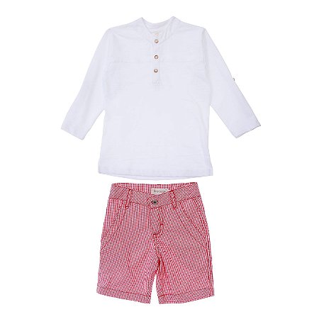 CONJUNTO TUNICA BRANCA E BERMUDA XADREZ VERMELHO
