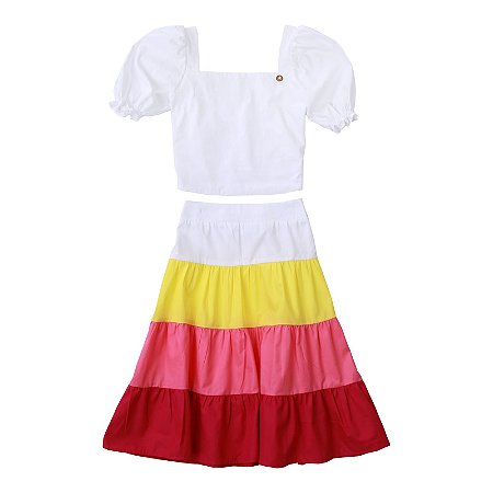 CONJUNTO SAIA RECORTES COLORIDOS E BLUSA