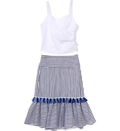 CONJUNTO BLUSA BRANCA E SAIA MIDI LISTRADA