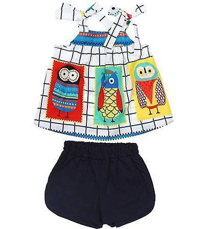 CONJUNTO BLUSA BARRADO CORUJA E SHORT