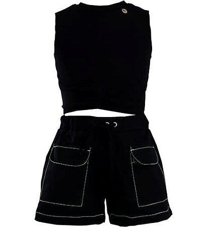 CONJUNTO CROPPED E SHORT PRETO PRESPONTO VERDE