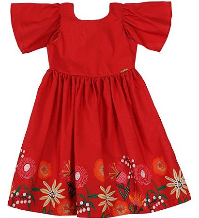 VESTIDO VERMELHO ESTAMPA BARRADO FLORES ILUMINADAS