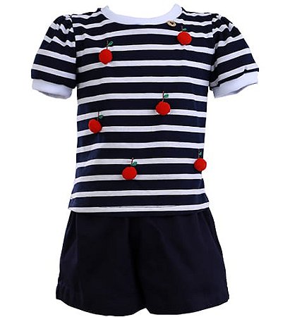 CONJUNTO BLUSA BORDADO MAÇÃ E SHORT AZUL MARINHO