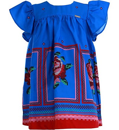 VESTIDO ESTAMPA BARRADO ROSAS PONTO CRUZ