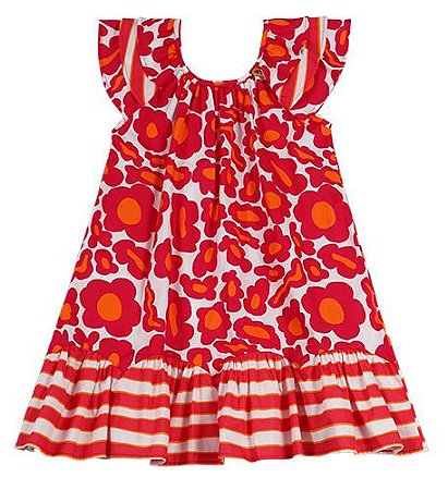 VESTIDO MIX DE ESTAMPA NUVEM DE FLORES  E LISTRAS COMPOSÊ