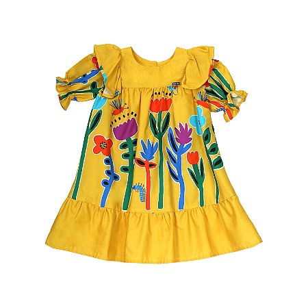 VESTIDO AMARELO ESTAMPA DANÇA DAS FLORES