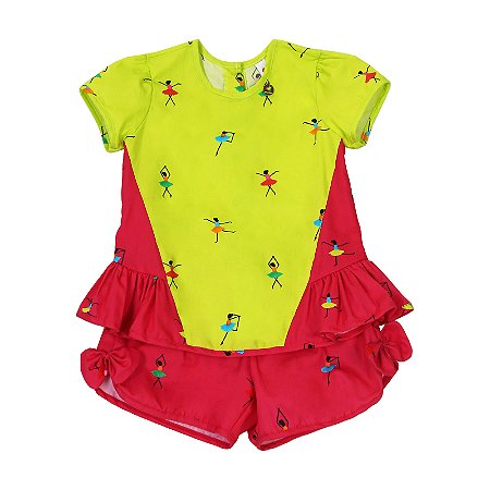 CONJUNTO NEON E ROSA ESTAMPA BAILARINAS