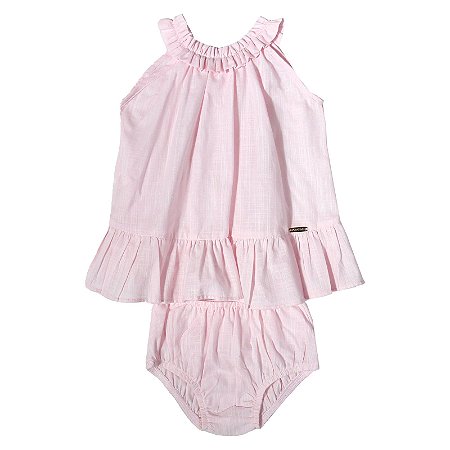 VESTIDO BEBÊ ROSA COM FRU-FRU NA GOLA