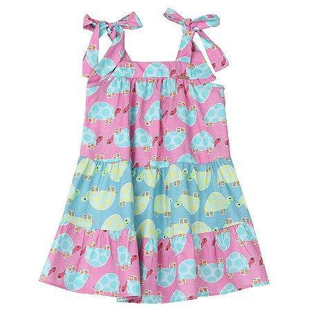 VESTIDO ESTAMPA TARTARUGA FUNDO ROSA E AZUL