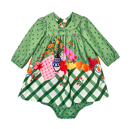 VESTIDO ESTAMPA BARRADO MESA DIVERTIDA VERDE