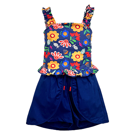 CONJUNTO ESTAMPA FLORAIS COMESTÍVEIS MARINHO