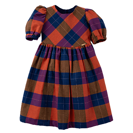 VESTIDO XADREZ MAXI LARANJA COM AZUL E ROXO