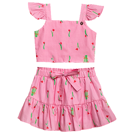 CONJUNTO ESTAMPA BUQUÊ DE TULIPAS ROSA