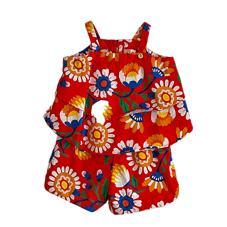CONJUNTO ESTAMPA FLORAL FUNDO VERMELHO