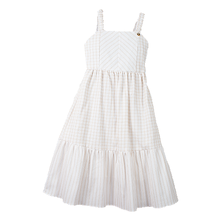 VESTIDO ESTAMPA XADREZ E LISTRAS BEGE
