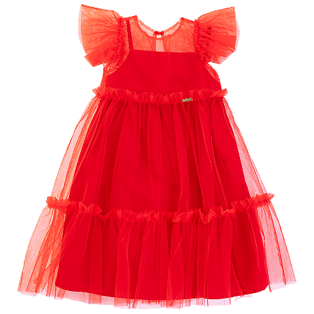 VESTIDO TULE E GALLES VERMELHO