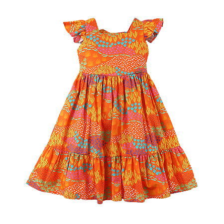 VESTIDO ESTAMPA CANTEIRO DO MAR FUNDO LARANJA