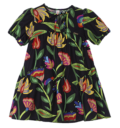 VESTIDO ESTAMPA FLORILÂNDIA FUNDO PRETO