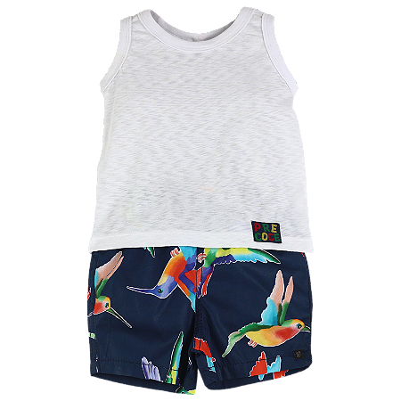 CONJUNTO ESTAMPA BEIJA FLOR FUNDO MARINHO
