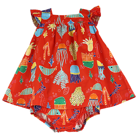VESTIDO ESTAMPA MARISCOS VERMELHO