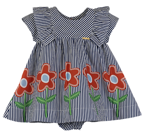 VESTIDO CANTEIRO FLOR LUZ LISTRADO MARINHO